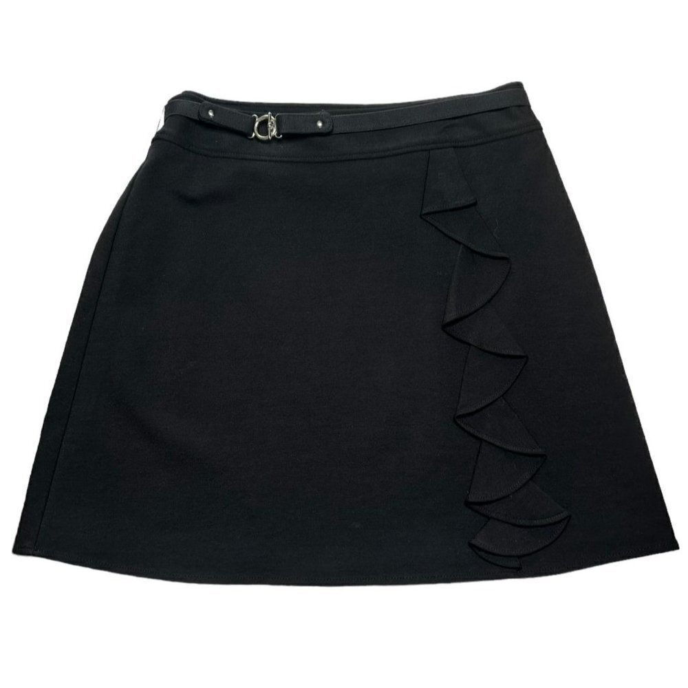White House Black Market Black Ruffle A-Line Skirt Horsebit Belt Size 12